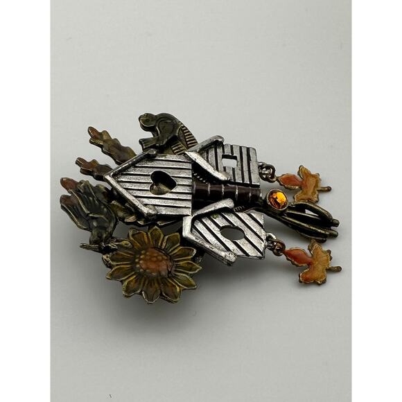 Vinyage Signed KC Kenneth Cole‎ Birdhouse Brooch Sunflower Leaves Bird Fall - Picture 2 of 8